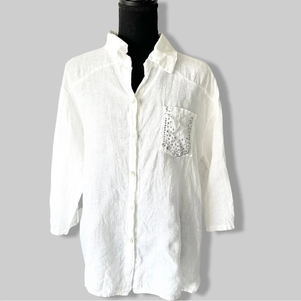 Elissia Pure Linen Studded Accent  White Button Down Shirt Blouse Made in Italy